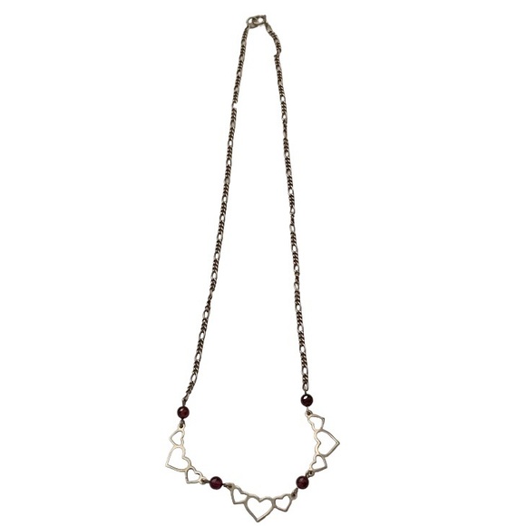 HEART Necklace 925 Sterling Silver Garnet Pearl Multi 3 Heart Spaced 16”L VTG - Picture 4 of 11